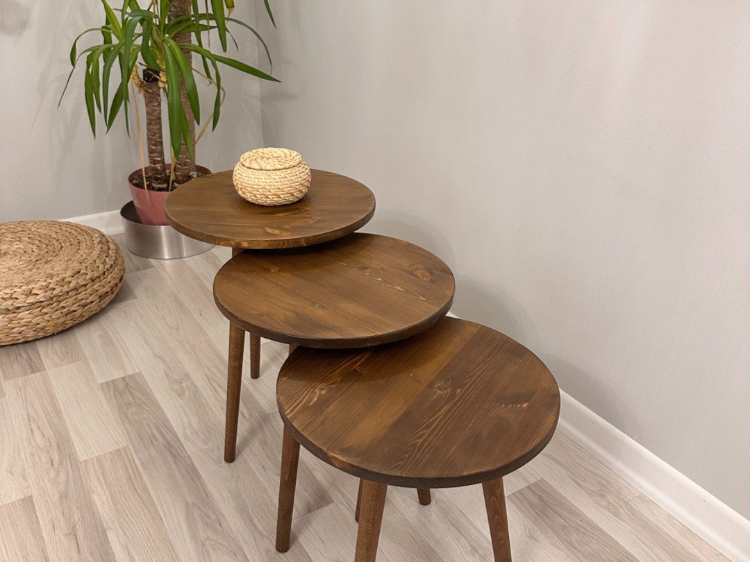 Small Oval Nesting Dark Walnut End Table, Minimalist Round Low Wooden