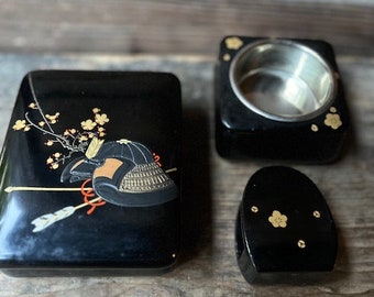 Handsome early Showa commemorative 3-piece Japanese black lacquer desk set with gold maki-e