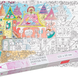 Könnte beinhalten: Ein großes Ausmalposter mit einer skurrilen Schloss-Szene mit Prinzessinnen, Rittern und verschiedenen architektonischen Details. Das Poster ist teilweise mit leuchtenden Farben ausgemalt. Die Verpackung weist Abmessungen von 120 x 80 cm auf.