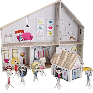 Puppenhaus aus Karton zum Basteln Beautysalon mit kleinen Figuren und Café