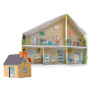 Casa de bonecas de papelão para confecção Clínica de animais com muitos animais e casinha anexa.