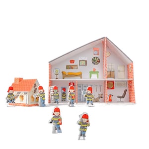 Puppenhaus aus Karton zum Basteln Feuerwehrwache mit vielen Feuerwehrmännern und Nebenhaus