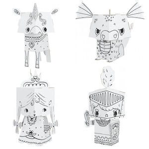 Mini cabeza de cubo de figura de papel para colorear 3D - juego de 4 personajes de cuento de hadas princesa caballero unicornio dragón