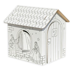 Casa de cartón para jugar, casa de cuento de hadas, casa de cartón mediana para construir y colorear 32,5 x 26,5 x 36,5 cm