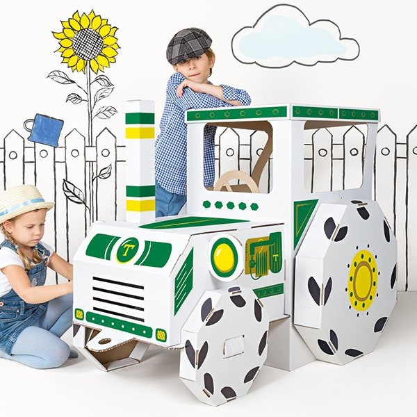 Grand tracteur en carton XXL à colorier, avec jeu d'autocollants, jouet en carton