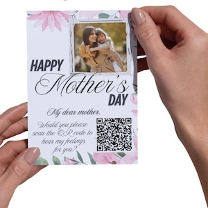 Carte imprimable avec message vocal, code QR personnalisé, cadeau vocal personnalisé pour la fête des mères, carte de voeux vocale et photo pour la fête des mères