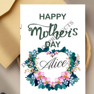 Tarjeta personalizada para el Día de la Madre, tarjeta con corazones y flores, feliz día de la madre, tarjeta personalizable con corazón para el Día de la Madre.