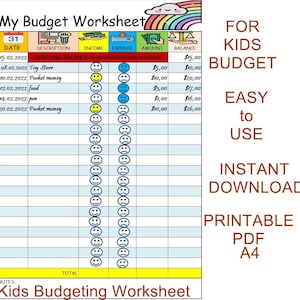May include: A printable budget worksheet for kids with a colorful rainbow and cloud design. The worksheet includes columns for date, description, income, expense, amount, and balance. The worksheet is designed to help kids learn about budgeting and managing their money.