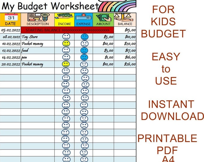 My Budget Worksheet/for Kids Budget/printable for Kids Budget/easy to ...