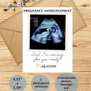 Tarjeta de anuncio de embarazo para la familia: revelación de bebé para papá, tía, tío, abuela, abuelo. Tarjeta de revelación de embarazo editable. Tarjeta de bebé con foto.
