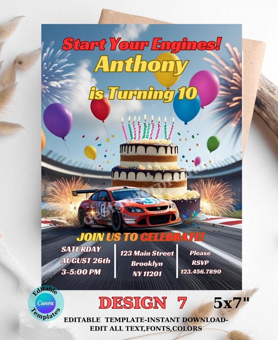 Motor Racing Theme Invitation Race Car Birthday Invitation: Editable Racing Party Theme (digital ...