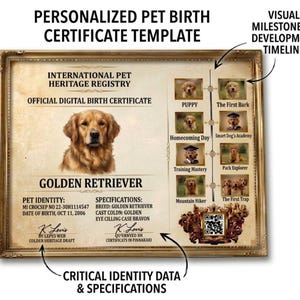Pode incluir: Um modelo de certificado de nascimento de animal de estimação personalizado com um Golden Retriever. O certificado inclui a foto do cão, detalhes de identidade e uma linha do tempo visual dos marcos. O texto diz "International Pet Heritage Registry" e "Official Digital Birth Certificate."
