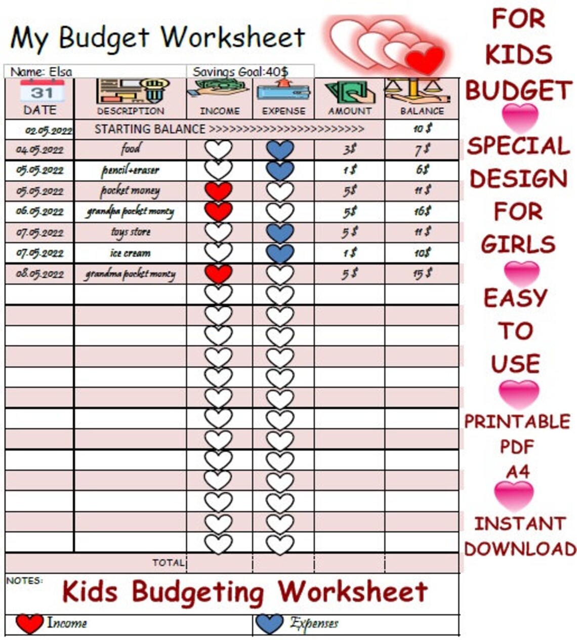 My Budget Worksheet/budget Worksheet for Kids/pocket Money Tracker