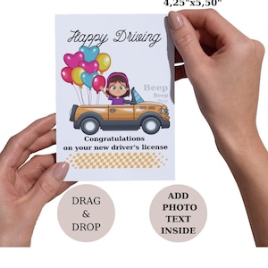 May include: A greeting card with the text "Happy Driving" and "Congratulations on your new driver's license." The card features a cartoon car with a driver and balloons. The card measures 4.25" x 5.50".