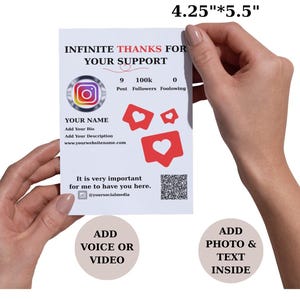 Carte de remerciement modifiable avec photo et code QR | Message de remerciement personnalisé sur les réseaux sociaux | Lien audio/vidéo | Téléchargement instantané | 5 modèles