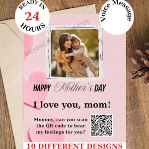 10 cartões de dia das mães com tema de coração - Cartão com mensagem de voz e código QR - Personalizado com seu áudio e foto - 10 designs de coração - Presente exclusivo para a mãe