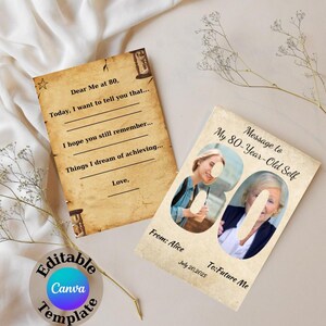 Puede incluir: Dos tarjetas de estilo vintage. Una tarjeta dice "Dear Me at 80" e incluye indicaciones para completar. La otra tarjeta dice "Message to My 80-Year-Old Self" con fotos, "From: Alice" y "To: Future Me".