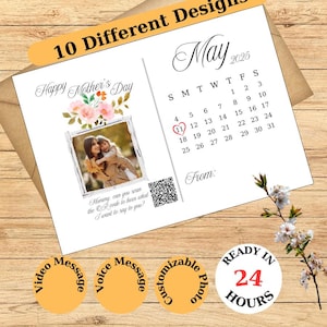 Cartão de Mensagem de Voz para Mães | Calendário de Maio de 2025 | Cartão de Saudações para o Dia das Mães | Cartão de Saudações com Vídeo ou Áudio em Código QR | Código QR + Foto + Calendário