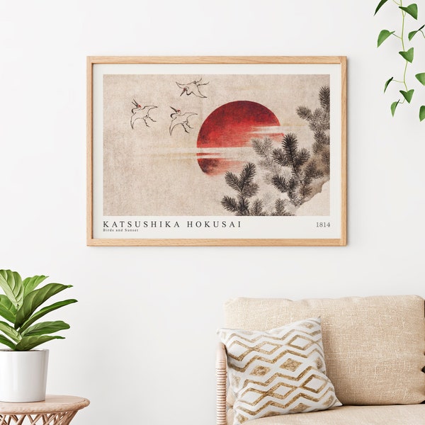 Birds and Sunset, Japanese Wall Art, Katsushika Hokusai, Printable Poster, Instant Download