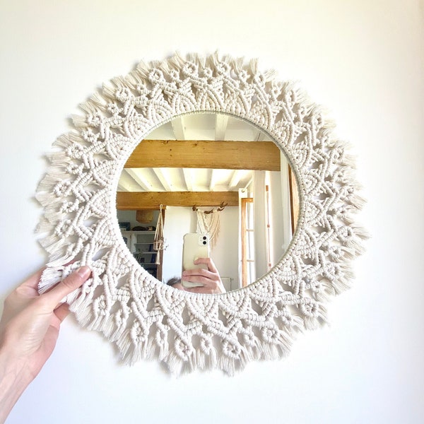 Miroir rond en macramé pour décoration murale bohème corde de coton naturel