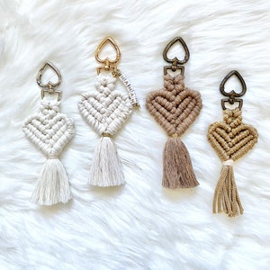 Porte-clé personnalisable ou bijou de sac "cœur" macramé corde coton naturel ou dorée