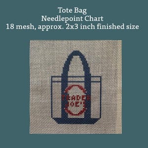 May include: Needlepoint chart of a tote bag design. The tote bag is navy blue with a red circle in the center. The text "SAVE THE" is visible inside the circle. The finished size is approximately 2x3 inches.