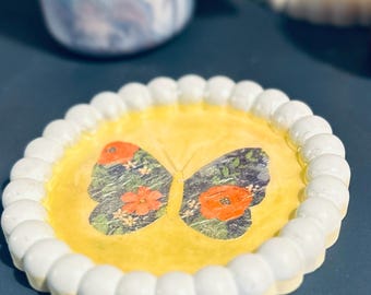 Butterfly Trinket Tray – Yellow Eco-Resin Dish with Floral Wings | Handmade Catchall, Cottagecore Decor, Uplifting Gift