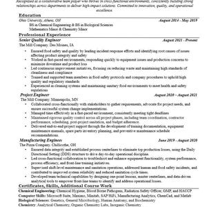May include: A resume for Monte Twiggs, a results-driven engineer with experience in chemical engineering, quality assurance, and project management. The resume highlights his skills in Six Sigma, data-driven methodologies, and continuous improvement.