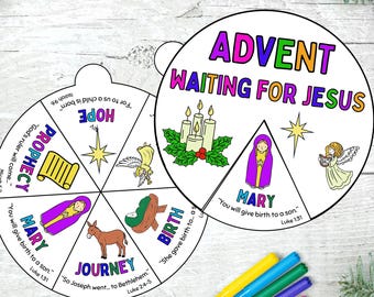 Christmas Advent Coloring Wheel, Nativity Bible Verse Craft, Printable Kids Christian Countdown Activity, NIV KJV Sunday School, Homeschool