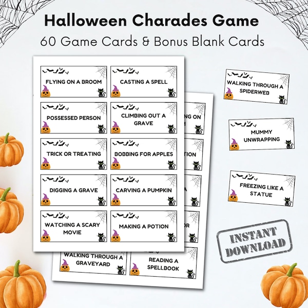 Halloween Charades Game, Halloween Party Game For Kids or Adult Teams, Charades Cards Printable, Family Games Night, Draw The World Cards