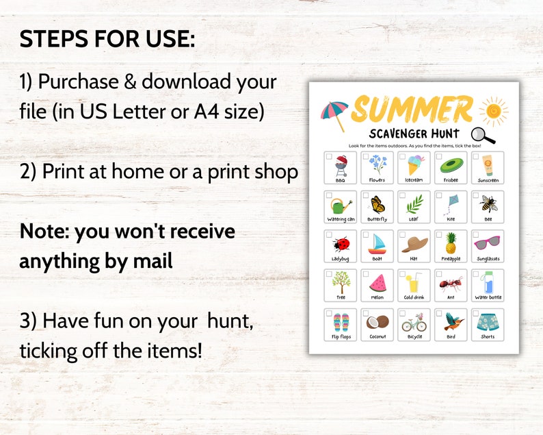 Summer Scavenger Hunt, Outdoor Summer Treasure Hunt Printable, Nature Scavenger Hunt For Kids, Kids Nature Games, Preschool Summer Activity image 3