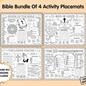 Bible Activity Placemat Bundle, Sunday School Craft Games, Bible Stories Kids Activity Mat, Childrens Church Coloring Page, Bible Verse Pack
