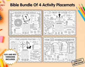 Bible Activity Placemat Bundle, Sunday School Craft Games, Bible Stories Kids Activity Mat, Childrens Church Coloring Page, Bible Verse Pack