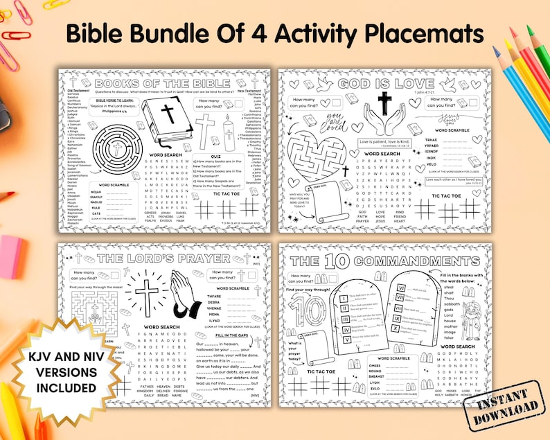 Bible Activity Placemat Bundle, Sunday School Craft Games, Bible Stories Kids Activity Mat, Childrens Church Coloring Page, Bible Verse Pack