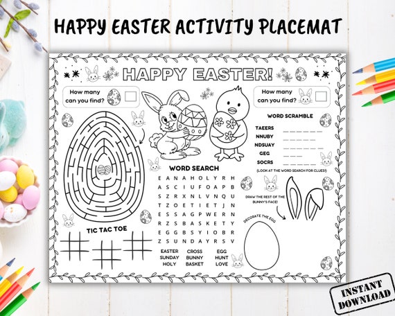 Easter Activity Placemat Printable, Happy Easter Craft Coloring Page, Kids Table Game Mat Preschool Classroom Coloring Sheet, Sunday School