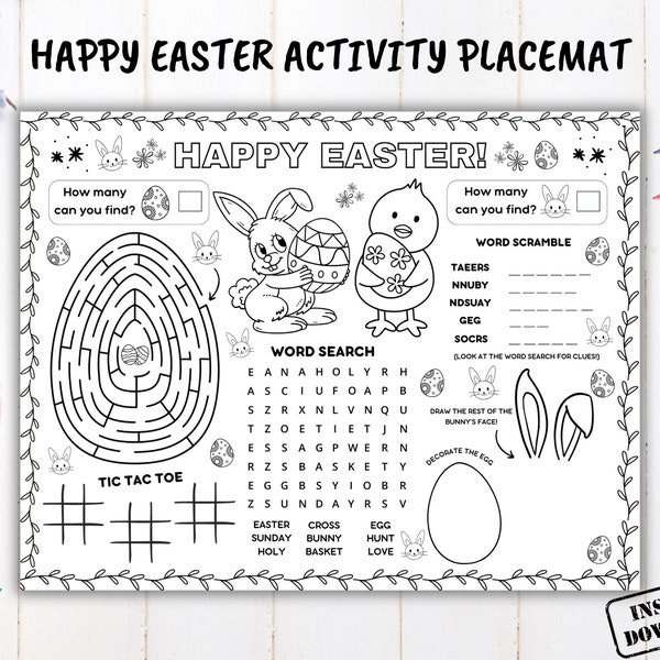 Easter Activity Placemat Printable, Happy Easter Craft Coloring Page, Kids Table Game Mat Preschool Classroom Coloring Sheet, Sunday School