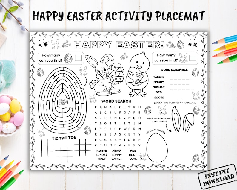 Easter Activity Placemat Printable, Happy Easter Craft Coloring Page, Kids Table Game Mat Preschool Classroom Coloring Sheet, Sunday School