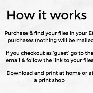 May include: A numbered list of instructions on how to purchase and download digital files from Etsy. The text reads: "How it works 1. Purchase & find your files in your Etsy purchases (nothing will be mailed) 2. If you checkout as 'guest' go to the email & follow the link to your files 3. Download and print at home or at a print shop"