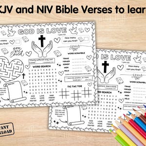 Bible Love Activity Placemat, Christian Valentines Bible Craft Games, Sunday School Activity, God Is Love Childrens Church Coloring Page image 3