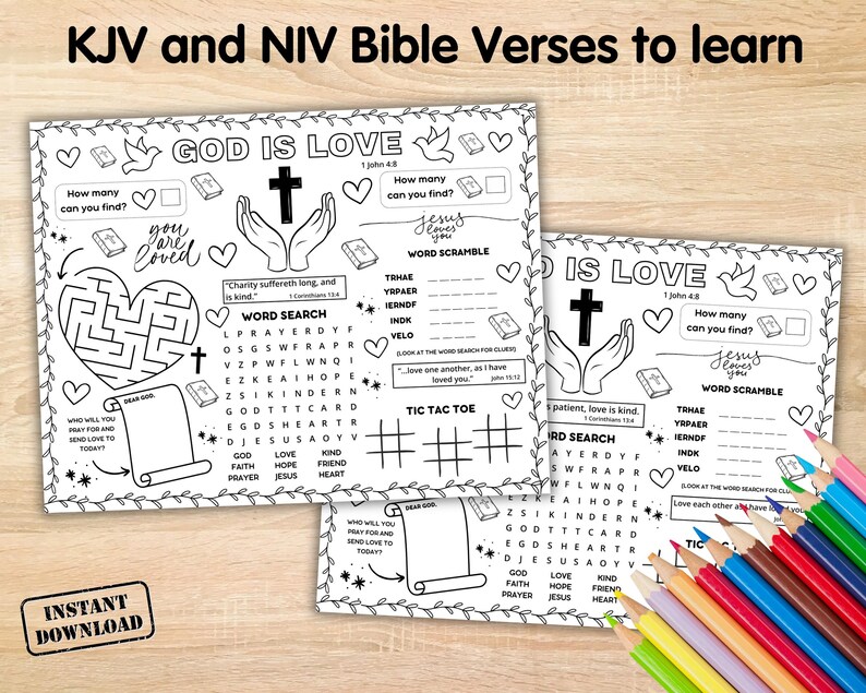 Bible Love Activity Placemat, Christian Valentines Bible Craft Games, Sunday School Activity, God Is Love Childrens Church Coloring Page image 3