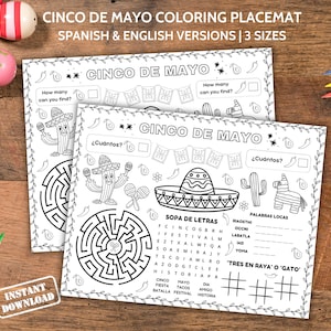 Jogo americano para atividades de Cinco de Mayo, página para colorir de artesanato para festa de Cinco de Mayo, jogo de mesa para festa mexicana em sala de aula pré-escolar para crianças