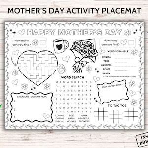 Tovaglietta stampabile con attività per la festa della mamma, pagina da colorare con lavoretti per la festa della mamma, tovaglietta "Tutto sulla mamma", scheda con giochi per bambini in età prescolare