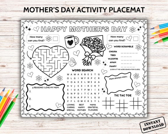 Happy Mothers Day Activity Placemat Printable, Mothers Day Craft Coloring Page, All About Mom Tablemat, Kids Preschool Classroom Games Sheet