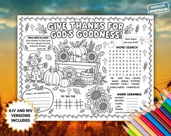 Christian Thanksgiving Activity Placemat, Harvest Give Thanks Bible Coloring Page, Sunday School Sheet, Kid Games Printable, Children Church