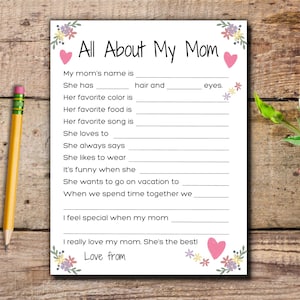 Alles over mijn moeder vragenlijst afdrukbaar, gelukkige verjaardag aandenken cadeau mama, Moederdag knutselquiz invullen, waarderingsenquête van kinderen