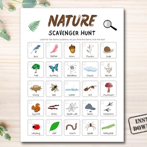 Caccia al tesoro nella natura, Caccia al tesoro all'aperto stampabile, Caccia al tesoro per bambini, Giochi da campeggio per bambini, Attività all'aperto in età prescolare, Gioco della natura