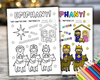 Może przedstawiać: Dwie kolorowanki z tekstem "EPIPHANY!" i "THEY SAW THE STAR... Matthew 2:10". Strony zawierają ilustracje sceny Bożego Narodzenia, Trzech Króli oraz słowa "MYRRH", "GOLD" i "FRANKINCENSE".