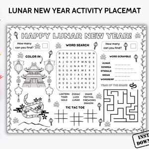 Tovaglietta per attività del capodanno lunare stampabile, pagina da colorare dell'anno del serpente 2025, tappetino per giochi da tavolo del capodanno cinese, foglio per l'aula dei bambini