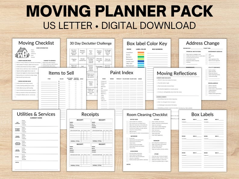 Moving Planner Checklist Printable, Moving Away Relocation Binder, Move States Preparation Pack, Organize Declutter Garage Sale, New Home Gift, Cleaning Home Sell House Prep.
