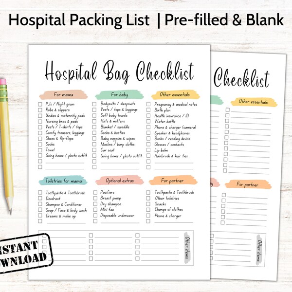 Hospital Bag Checklist, Labor & Delivery Baby Essentials List, Maternity Bag, Mom Pre Packing Bag Planner, Mum Newborn Pregnancy Preparation